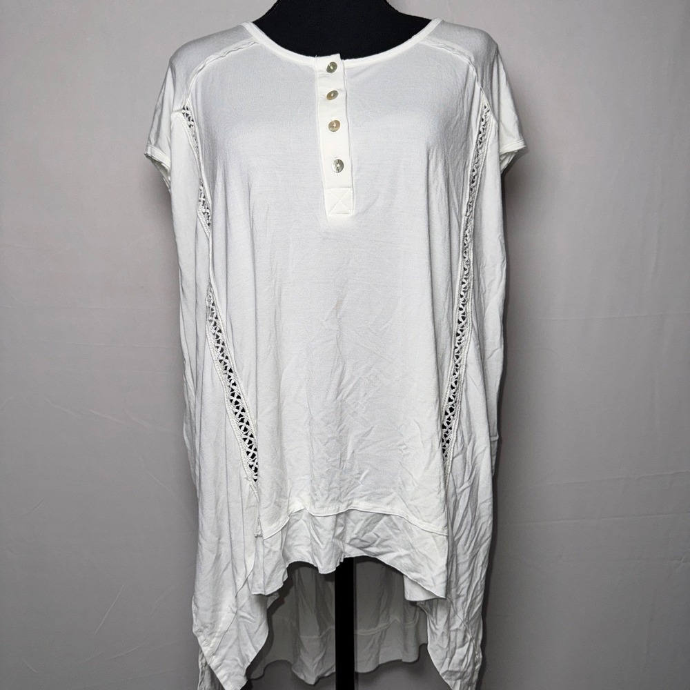 POL Women White Boho Crochet Lace Henley Tunic High Low Oversized Top Small